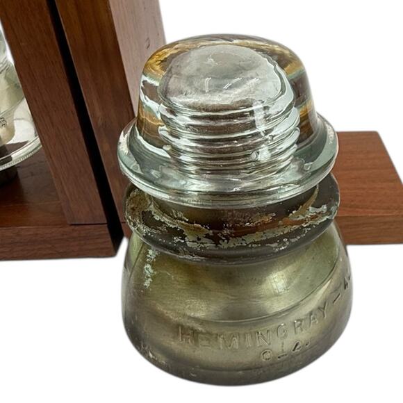 Clear Glass Insulator On Wood Bookends Very Heavy READ Vtg Lineman Electrician - Picture 5 of 14